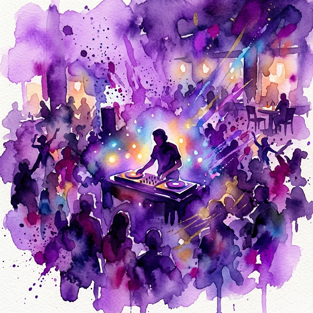 Waterverfillustratie van een DJ die optreedt op een levendig nachtelijk evenement met kleurrijke lichten en een dansend publiek, ter promotie van het 'Beat the night – DJ Smartee' evenement in restaurant Setki Powodów.