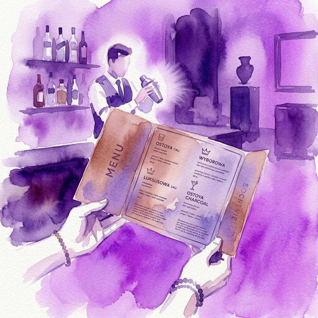 Una ilustración en acuarela de un camarero preparando un cóctel en el Museo Polaco de Vodka Koneser, con un menú que ofrece bebidas de vodka artesanales como Ostoja 7AU y Wyborowa.