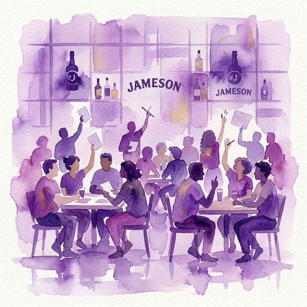 Een aquarelillustratie van een levendige pubquiz met diverse groepen mensen die vragen beantwoorden, met Jameson whiskey-branding op de achtergrond.