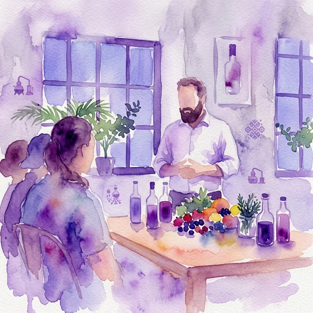 Una ilustración en acuarela de un taller en el Museo Polaco del Vodka, donde los participantes aprenden a elaborar licores caseros utilizando vodka polaco, con botellas, frutas y hierbas sobre una mesa de madera.