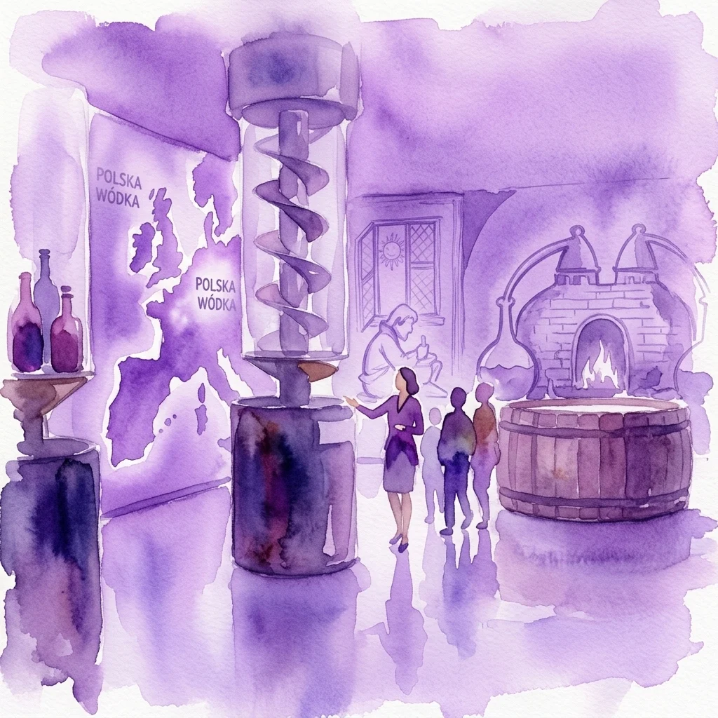 Una ilustración en acuarela de una visita guiada en el Museo Polaco del Vodka, con un guía que dirige a los visitantes a través de una exposición interactiva con exhibiciones de botellas de vodka, una columna de destilación y artefactos históricos en un entorno teñido de púrpura.