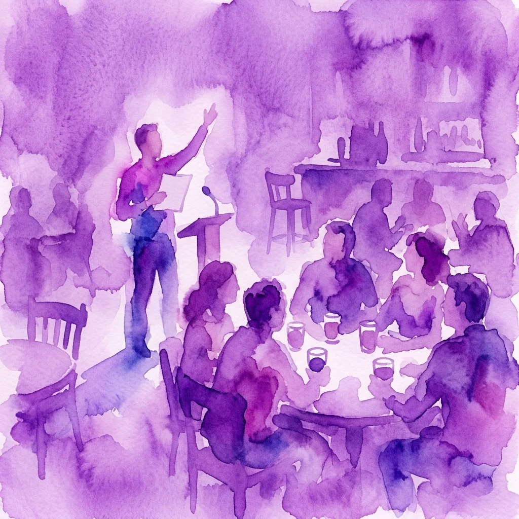 Een aquarelillustratie van een levendige pubquiz met mensen aan tafels, een presentator op een podium, en drankjes op de tafels, in een knusse baromgeving.
