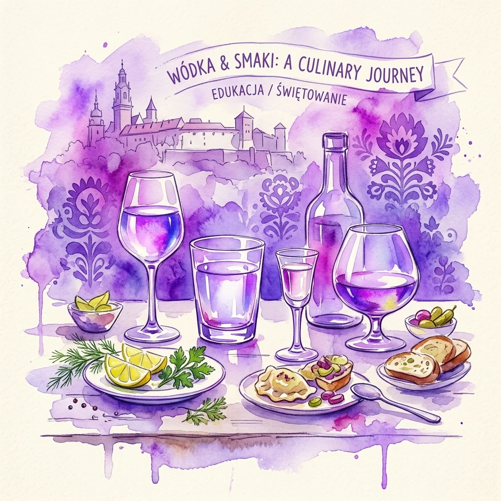 Ilustración en acuarela de una mesa con varios vasos, una botella y maridajes de comida, sobre un fondo púrpura con motivos arquitectónicos polacos y el texto 'WÓDKA & SMAKI: A CULINARY JOURNEY' y 'EDUKACJA / ŚWIĘTOWANIE'.