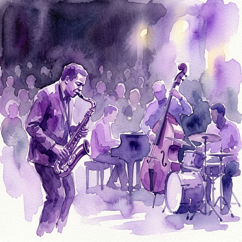 Een aquarelillustratie van een jazzkwartet dat op het podium optreedt, met een saxofonist op de voorgrond, een pianist, een contrabassist en een drummer, wat een stemmige, intieme concertatmosfeer oproept.