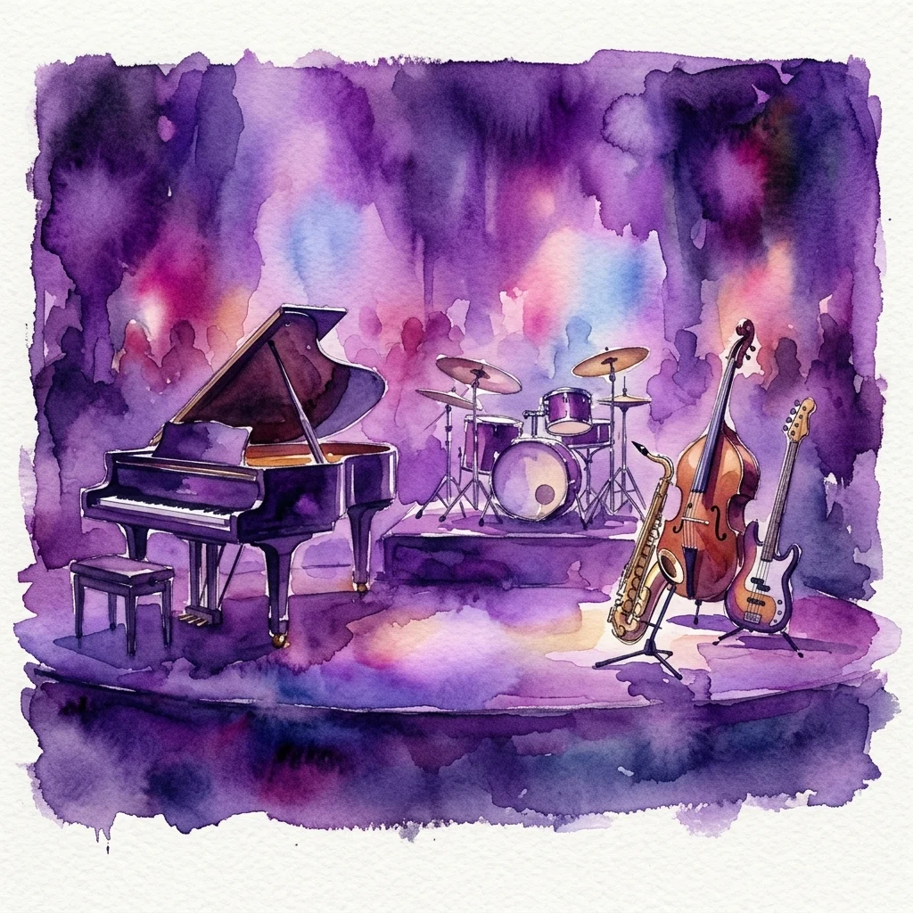 Ilustración en acuarela de un escenario de concierto con un piano de cola, batería, bajo eléctrico, saxofón y contrabajo bajo una iluminación ambiental púrpura y rosa.