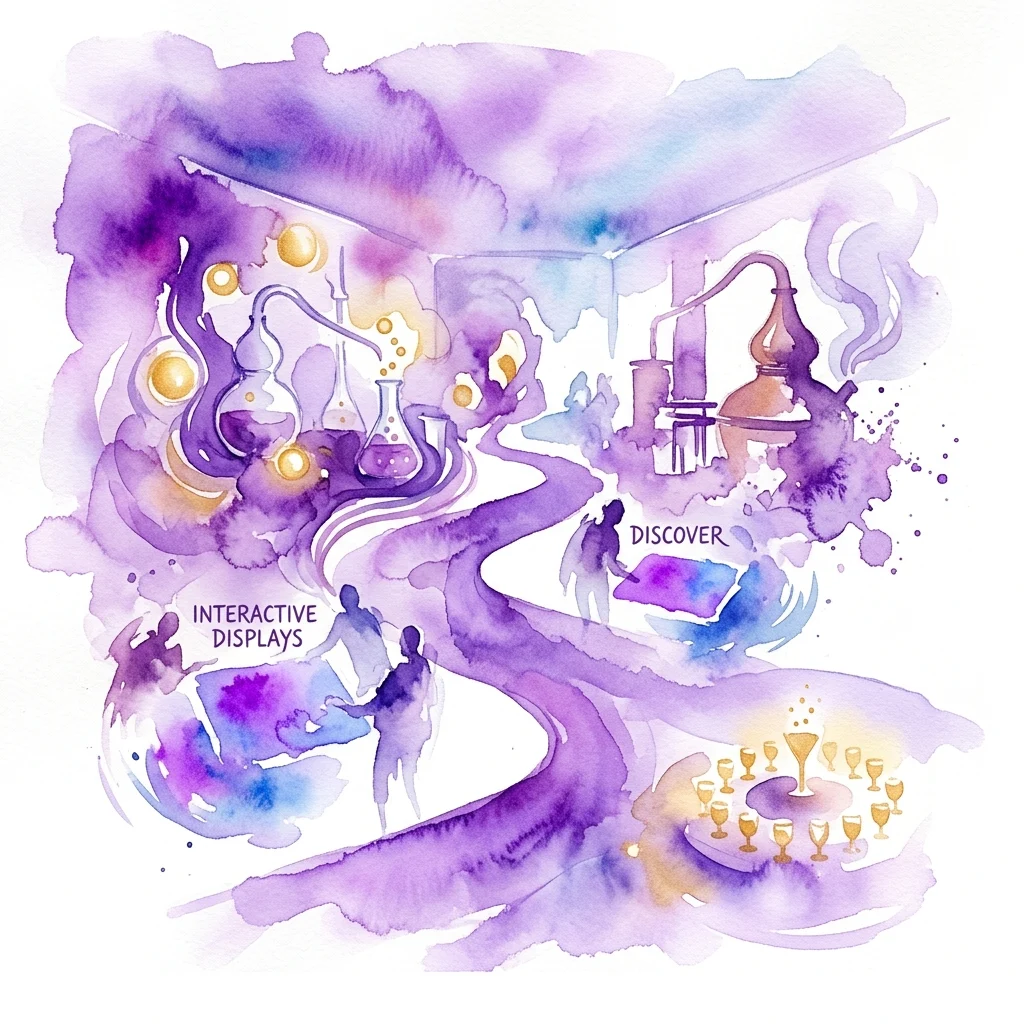 Ilustración en acuarela de una exposición interactiva en el Museo de Vodka Polaco, que presenta equipo de destilación alquímica, exhibiciones interactivas y un área de degustación con copas doradas.