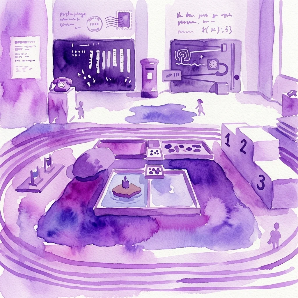 Ilustración en acuarela del Parque Postal Infantil, un vibrante espacio museístico interactivo con exposiciones temáticas de correos como teléfonos, máquinas de escribir y estaciones de impresión de sellos para niños.