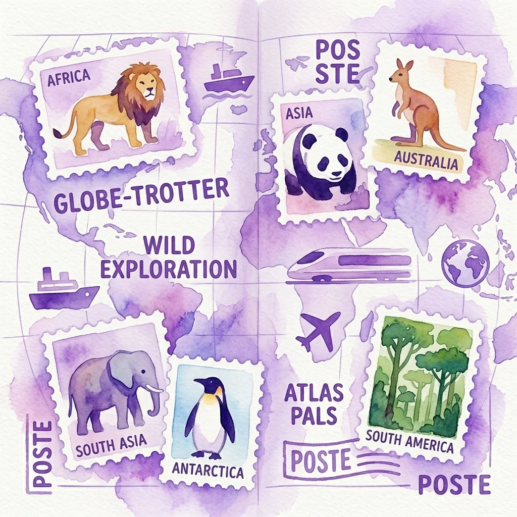 Geïllustreerde collage van postzegels met dieren van over de hele wereld - leeuw, panda, kangoeroe, olifant, pinguïn - tegen een paarse aquarelkaart met reispictogrammen en tekst zoals 'Globe-Trotter' en 'Wild Exploration'.