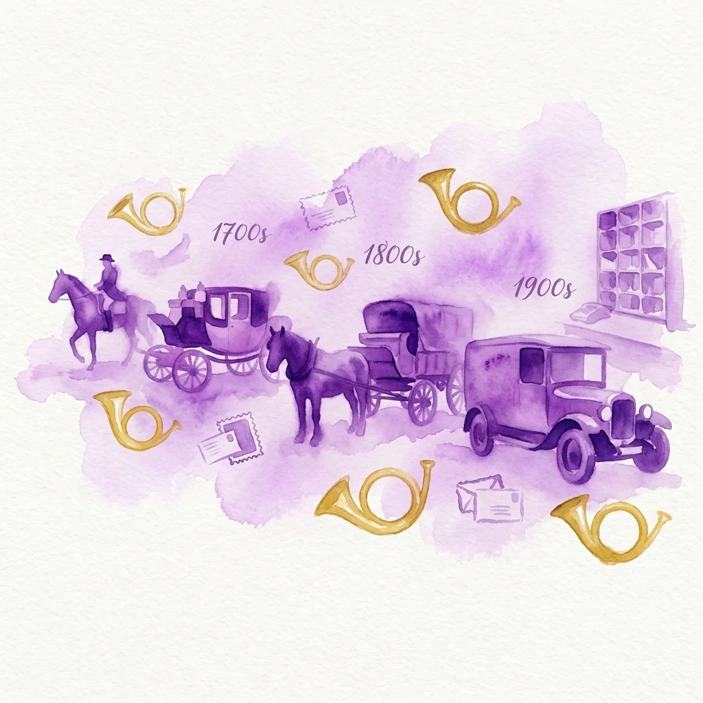 Waterverfillustratie die de evolutie van postdiensten van de 18e tot de 20e eeuw weergeeft, met paard en wagen, een vintage auto en posthoorns.