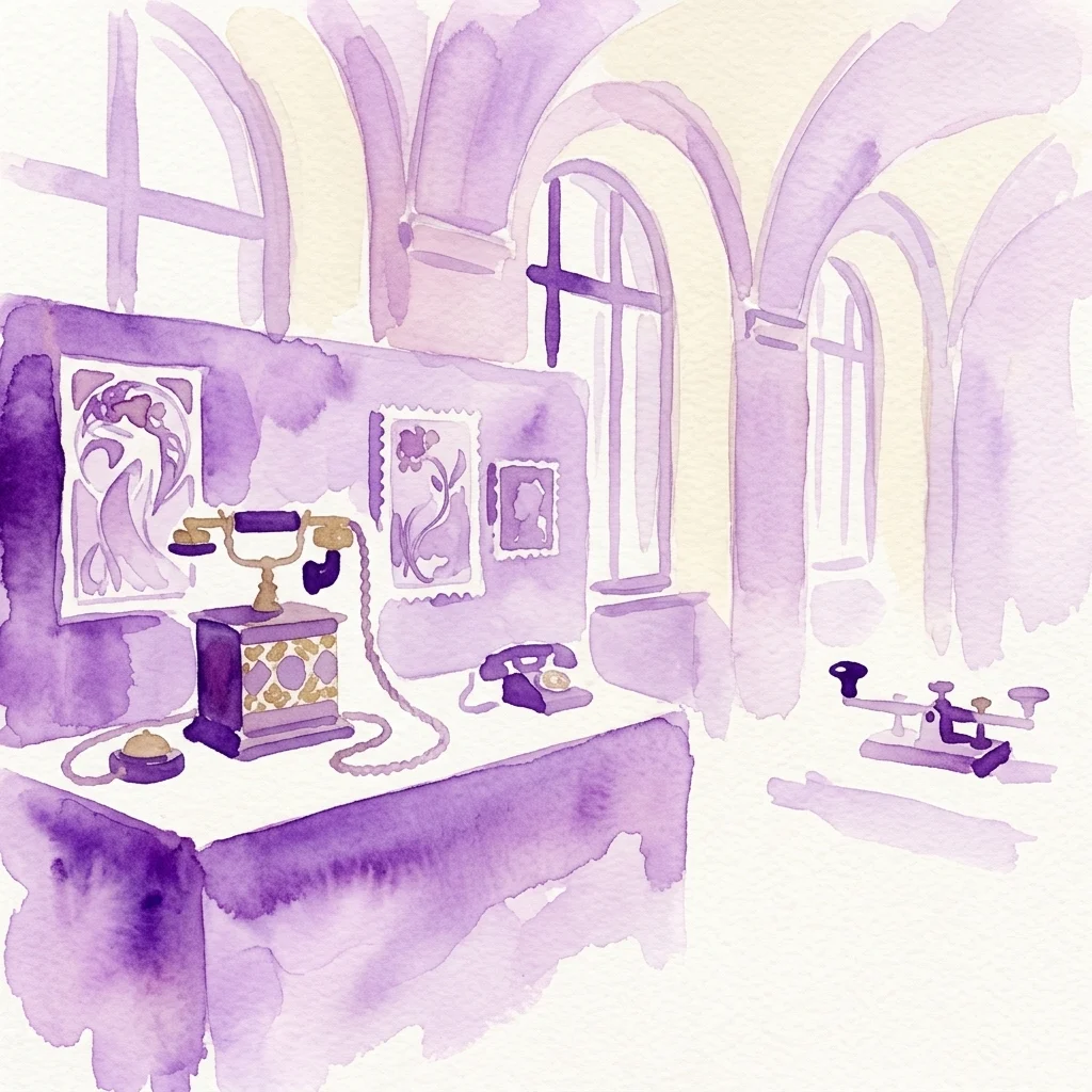 Waterverfillustratie van een museumexpositie met vintage telefoons, vroege communicatiemiddelen en ingelijste postzegels in een paars getinte galerie met boogramen.