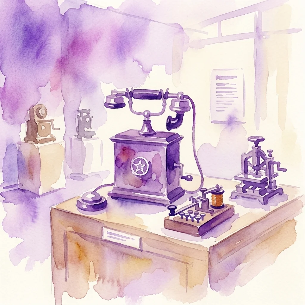 Waterverfillustratie van historische posttechnologie, waaronder een vintage telefoon, telegraafmachine en apparatuur voor postzegelproductie, tentoongesteld in een museumgalerij.
