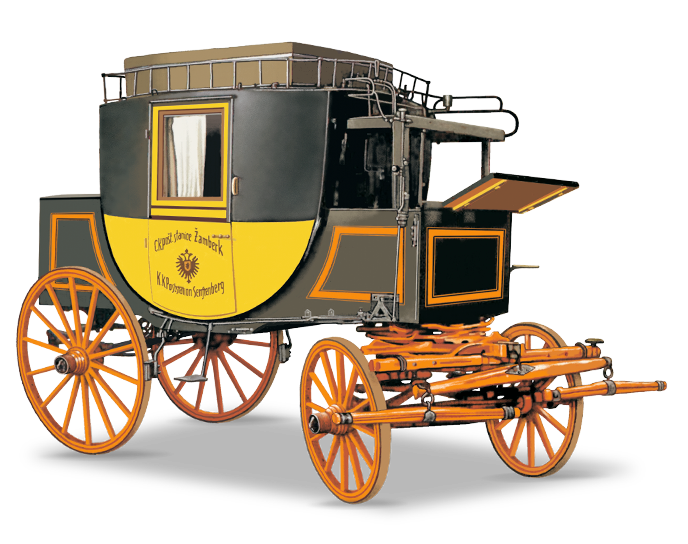 Historic postal carriage with black and yellow body and wooden wheels