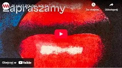 Red lips with stylized Polish text 'zapraszamy' overlaid, a play button in the center, and a logo in the top left corner.