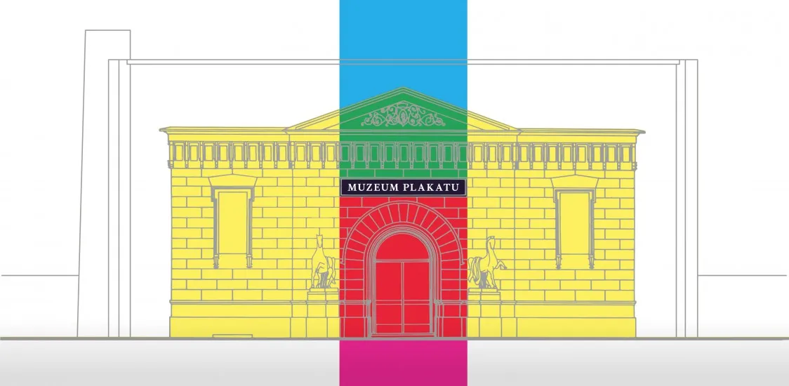 Architectural rendering of a yellow building with a green pediment and red entrance, labeled 'MUZEUM PLAKATU', overlaid with vertical colored stripes.