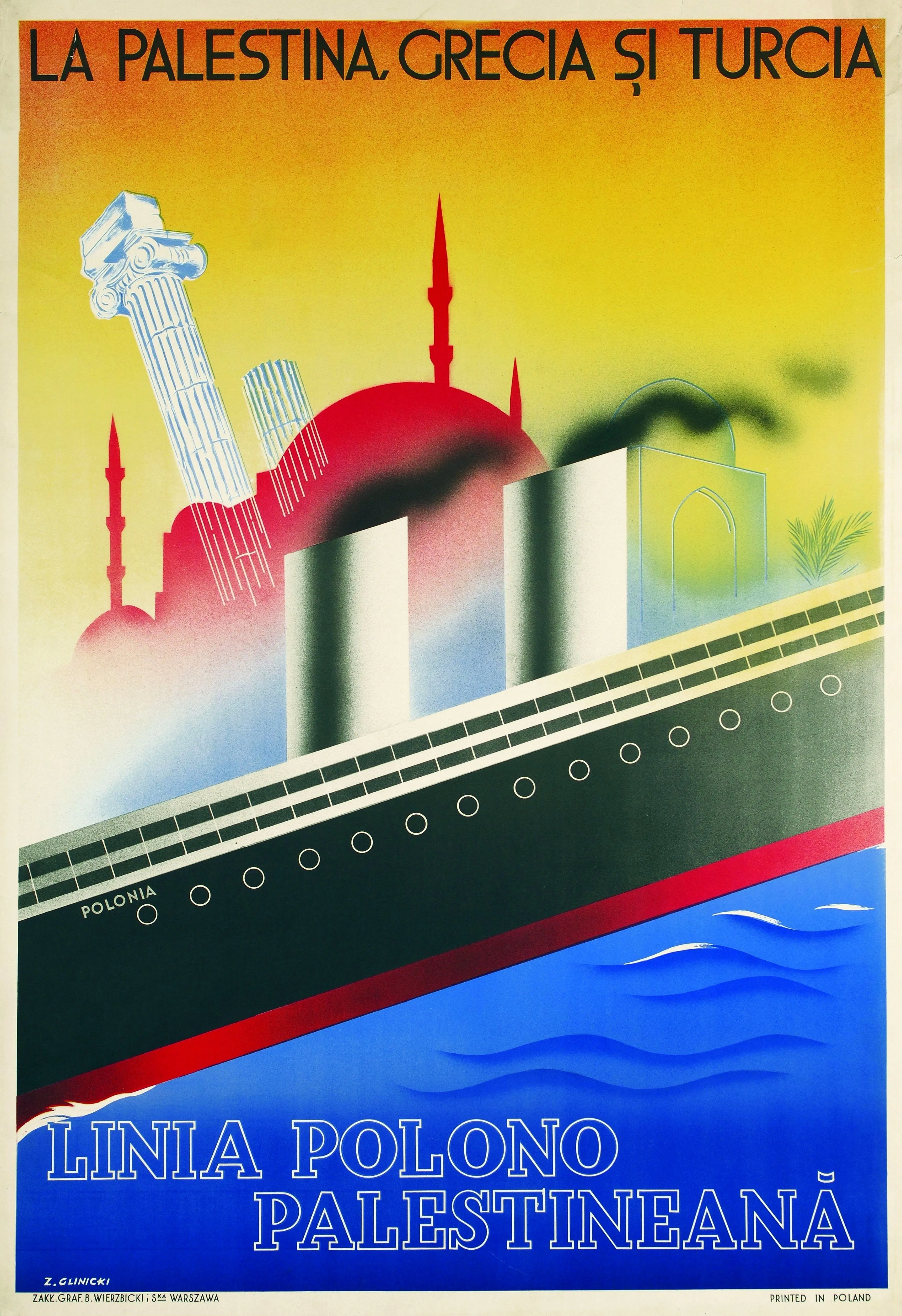 A colorful vintage travel poster showing a steamship named Polonia sailing on blue water, with stylized buildings and domes representing Palestine, Greece, and Turkey against a yellow sky.