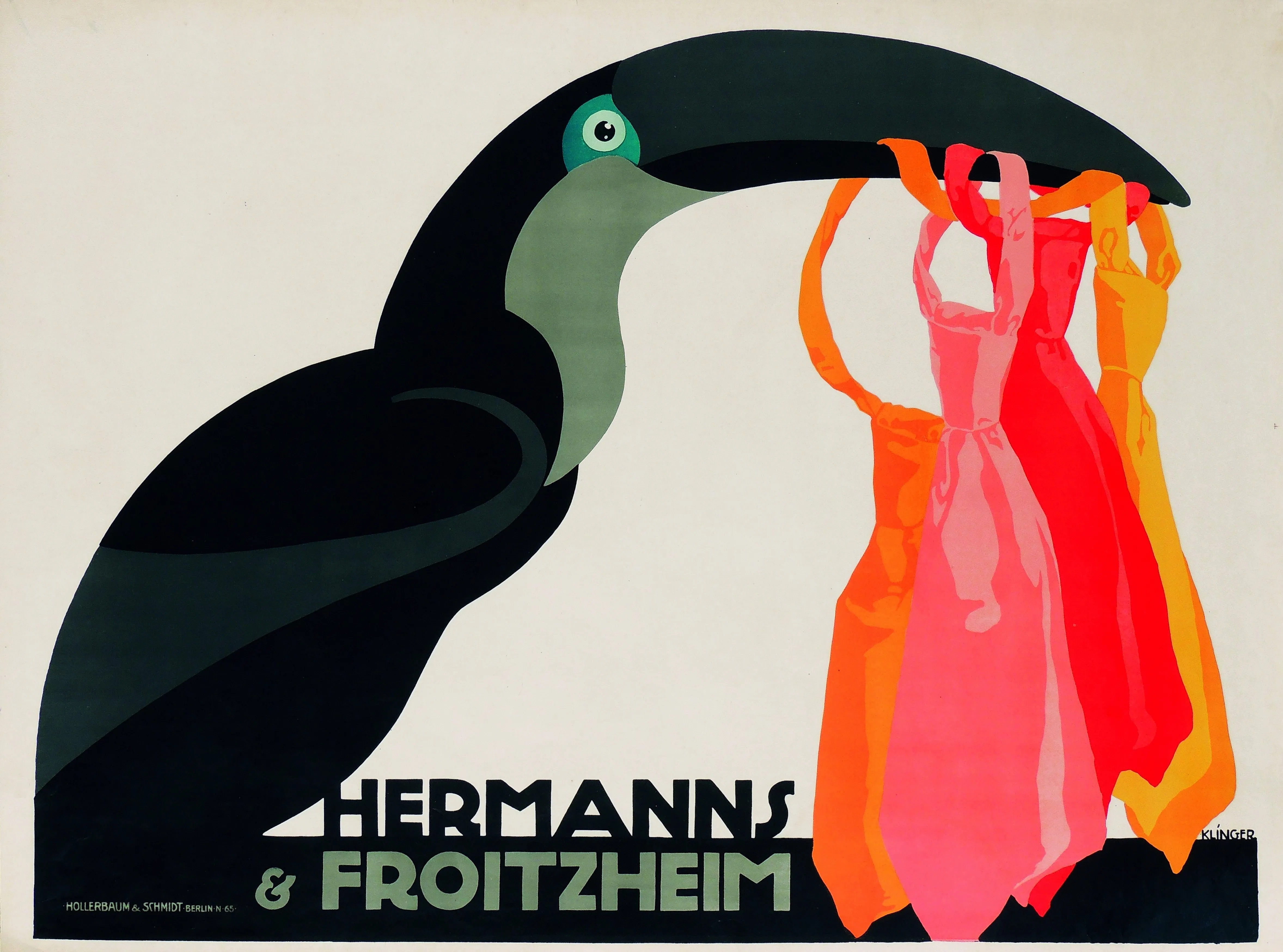 A colorful vintage poster with a large toucan holding red and orange garments, with text reading 'HERMANN'S & FROITZHEIM'