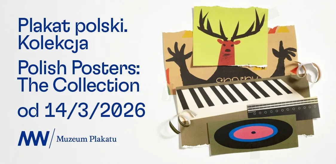 Promotional graphic for Polish Posters exhibition with a deer illustration, keyboard, and vinyl record