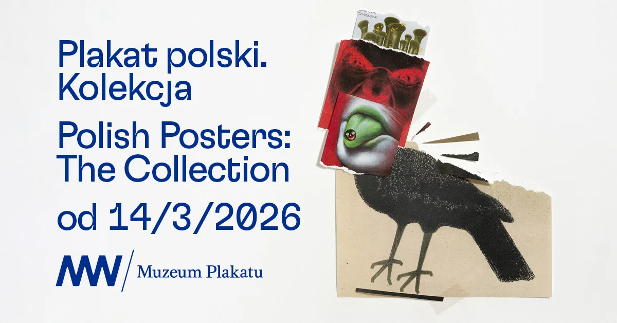Promotional graphic for Polish Posters: The Collection exhibition at the Poster Museum at Wilanów, showing a poster of a bird with a green eye and red hat, with text in Polish and English.