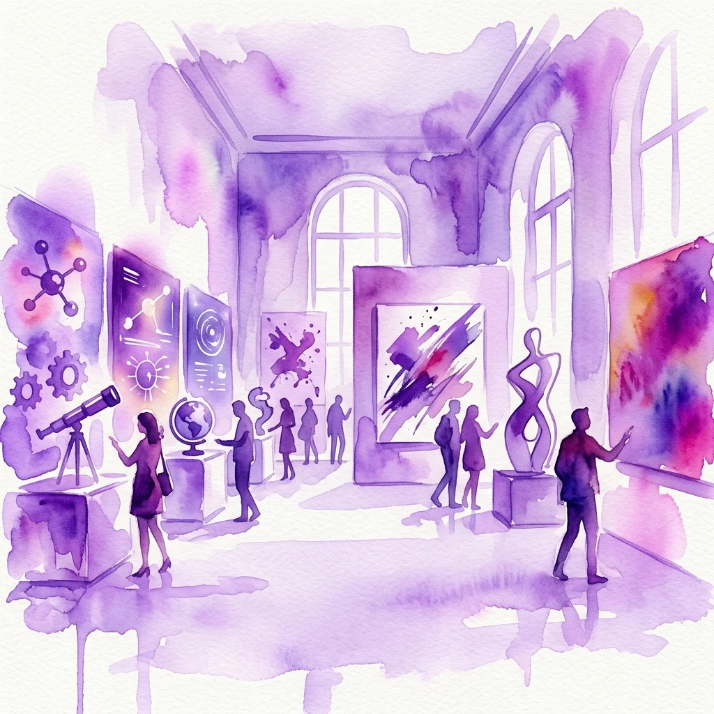 Ilustracja akwarelowa galerii muzealnej prezentującej wystawy naukowe, takie jak teleskop i modele molekularne, obok sztuki abstrakcyjnej, z odwiedzającymi zwiedzającymi przestrzeń.