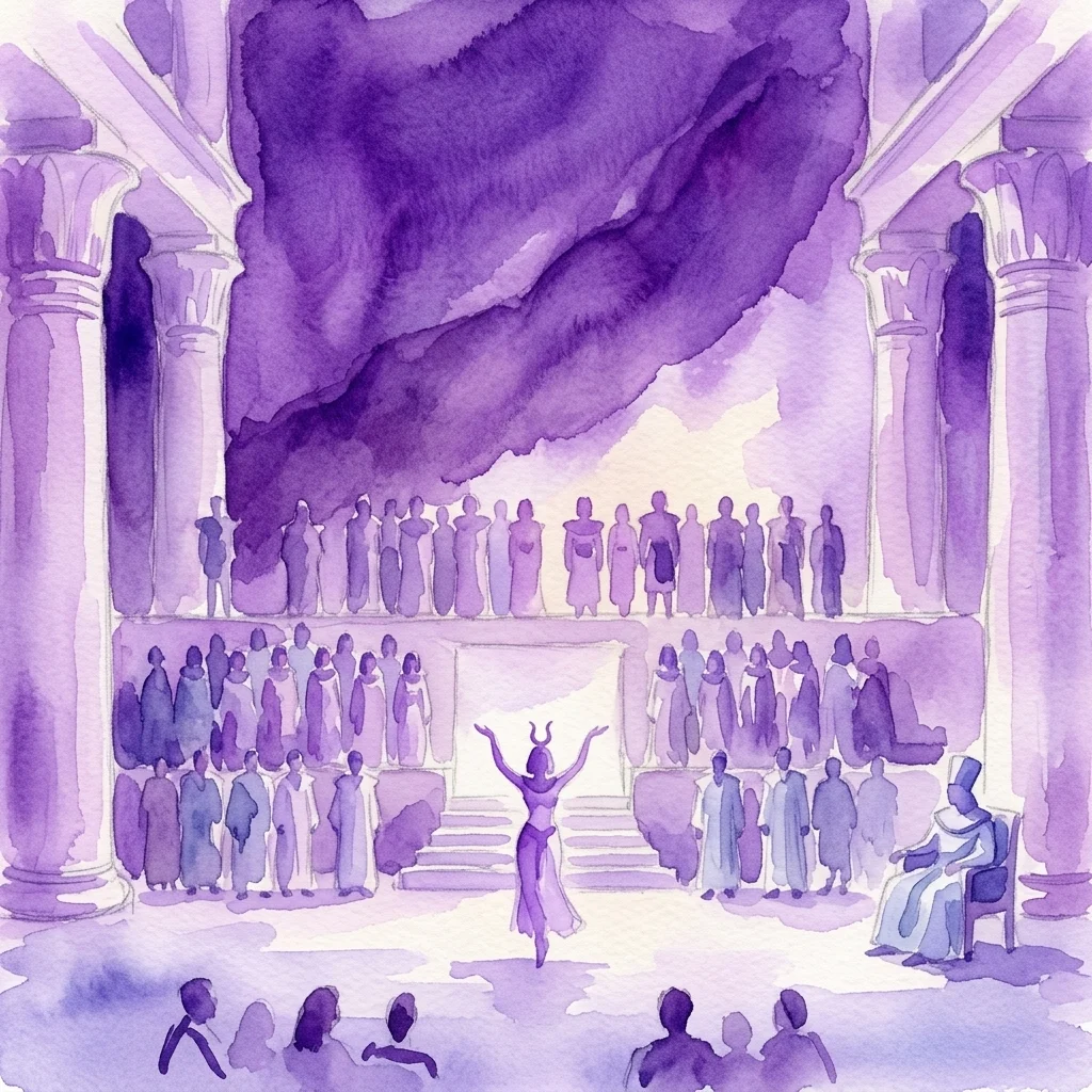 Ilustración en acuarela de un escenario de ópera para Aida de Verdi, con arquitectura egipcia, un intérprete central y un coro bajo una dramática iluminación púrpura.