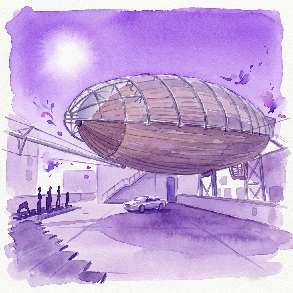 Een aquarelillustratie van de Airship Gulliver, een 42 meter lange luchtballonconstructie van staal en hout op het dak van het DOX Centre for Contemporary Art, tegen een paarse hemel.