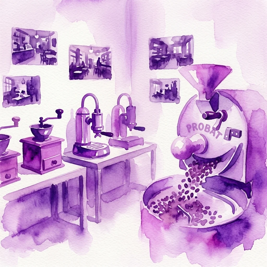 Ilustración en acuarela de molinillos de café vintage, máquinas de espresso y fotos históricas en una vitrina de museo, mostrando la historia de la cultura del café.