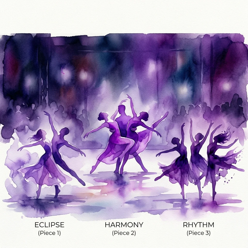 Watercolor illustration of dancers in purple hues performing three contemporary ballet pieces: Eclipse, Harmony, and Rhythm, part of an avant-garde dance exhibition.