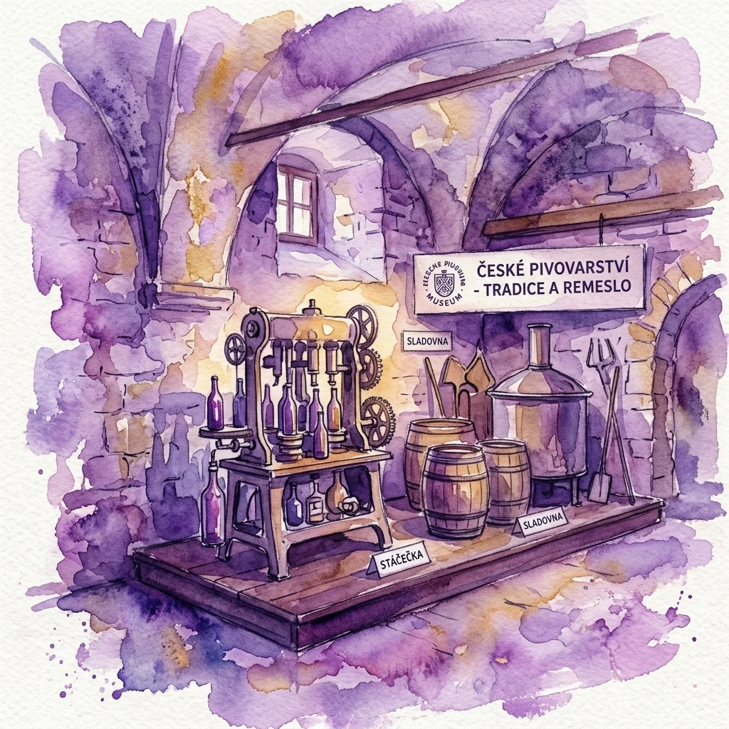 Waterverfillustratie van een museumexpositie in het Bier Museum Praag, met historische Tsjechische brouwapparatuur, waaronder bottelmachines, vaten en een grote ketel in een stenen kelderomgeving.