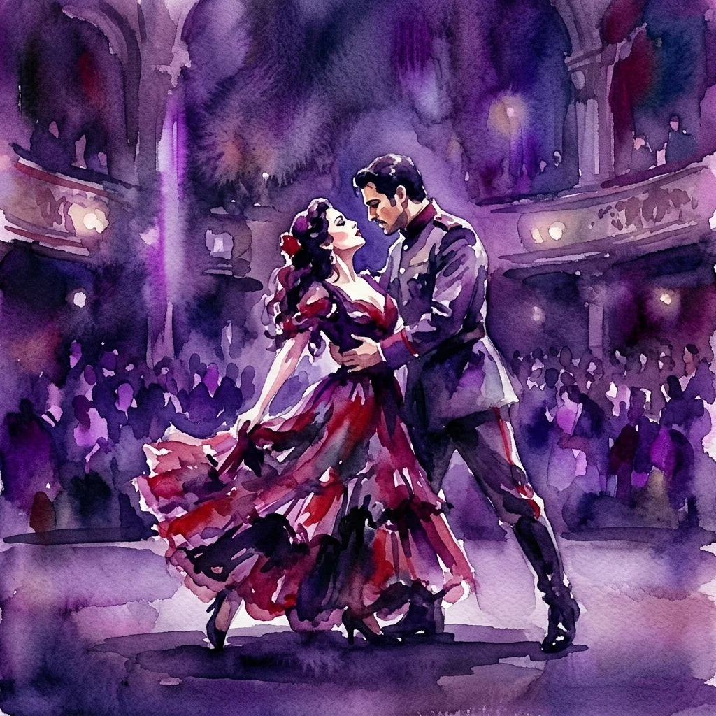 Waterverfillustratie van een gepassioneerde dansscène uit Bizets opera Carmen, met een man in militair uniform en een vrouw in een rode jurk op een groots operapodium met een publiek op de achtergrond.
