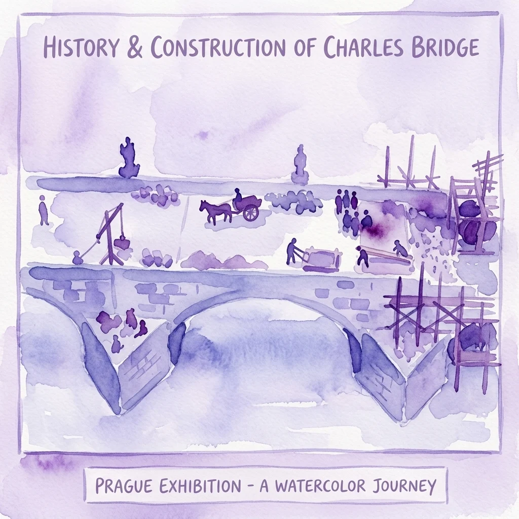 Ilustración en acuarela que representa la historia y construcción del Puente de Carlos en Praga, mostrando a los trabajadores construyendo el puente, carros tirados por caballos y elementos escultóricos, parte de una exposición titulada 'Un Viaje en Acuarela'.