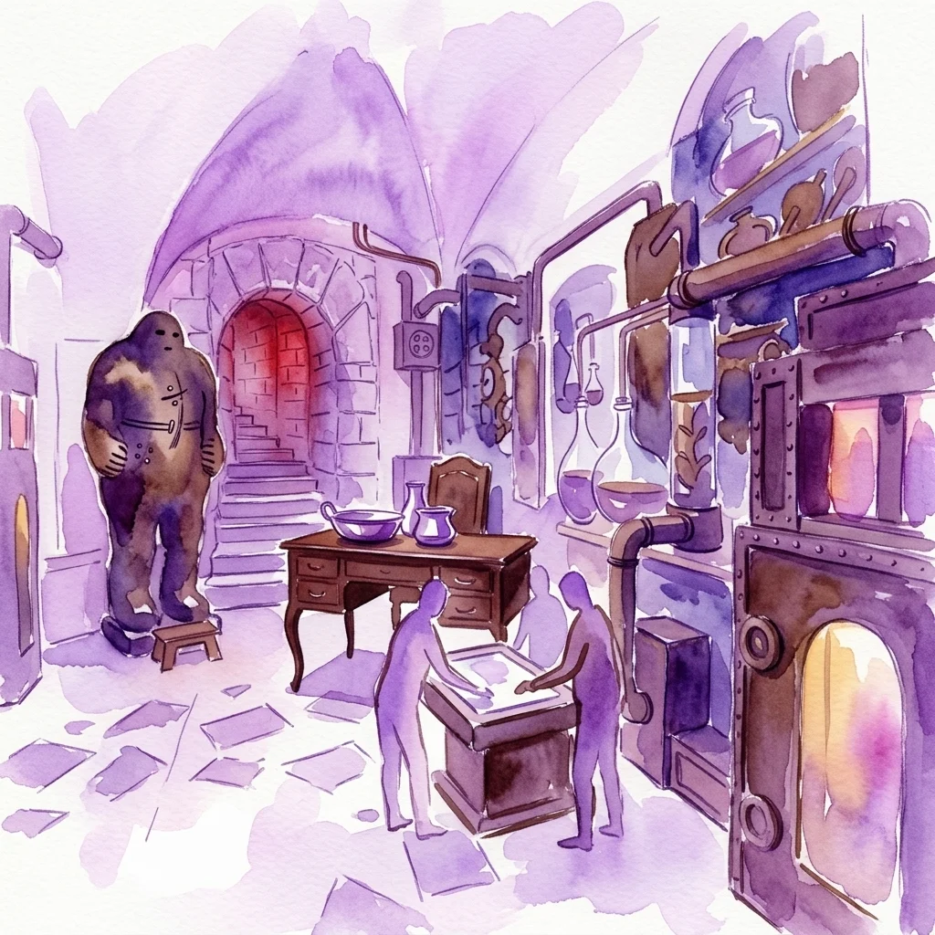 Een artistieke weergave van het Choco Art Museum Praag, met chocoladesculpturen, interactieve tentoonstellingen en bezoekers die zich bezighouden met chocoladekunstinstallaties in een grillige, paarse setting.