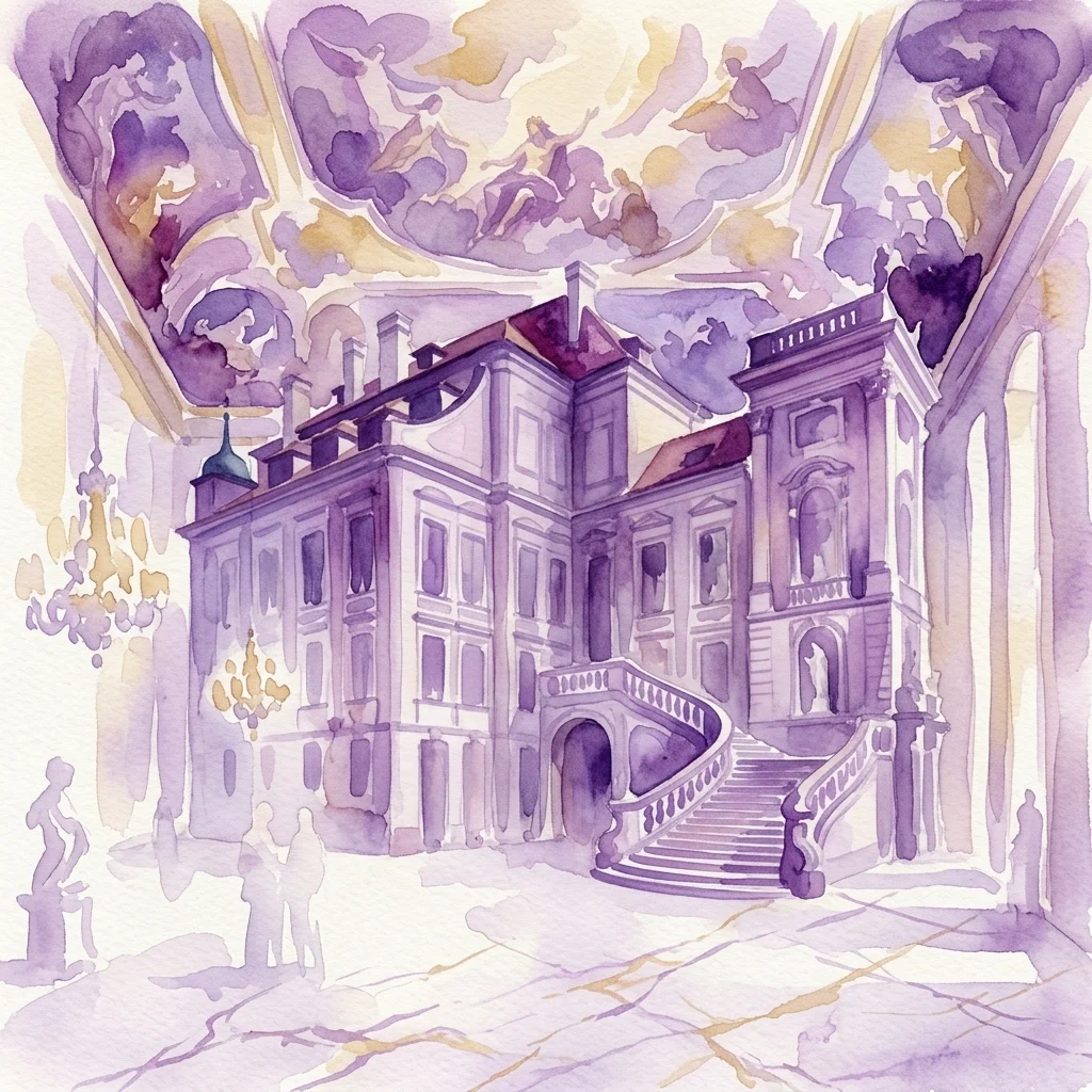 Ilustración en acuarela del interior del Palacio Clam-Gallas, con una gran escalera barroca, frescos ornamentados en el techo y detalles de estuco, que muestran el diseño aristocrático del siglo XVIII.