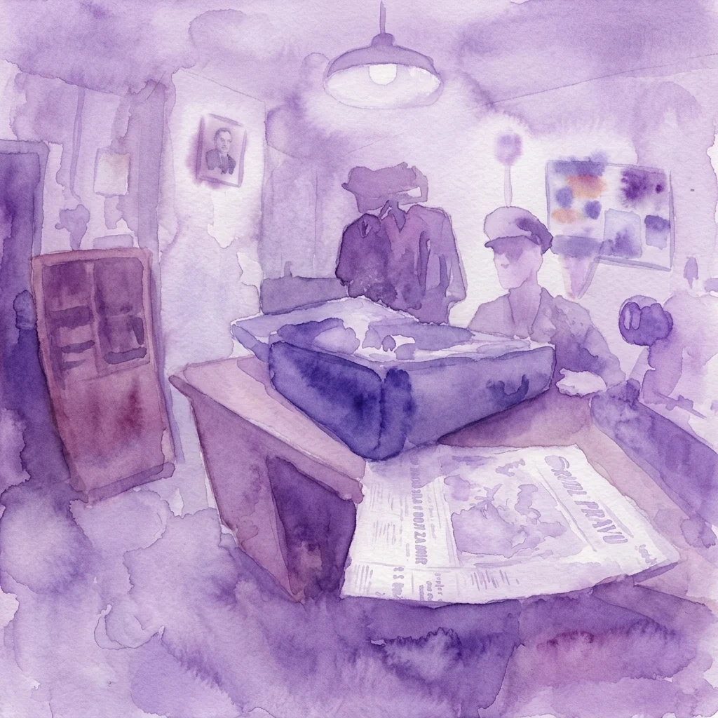 Een aquarelillustratie van een schemerige atoomschuilkelder uit de Koude Oorlog met vintage communicatieapparatuur, een bureau en een krant, die de gespannen sfeer van een geheim commandocentrum oproept.