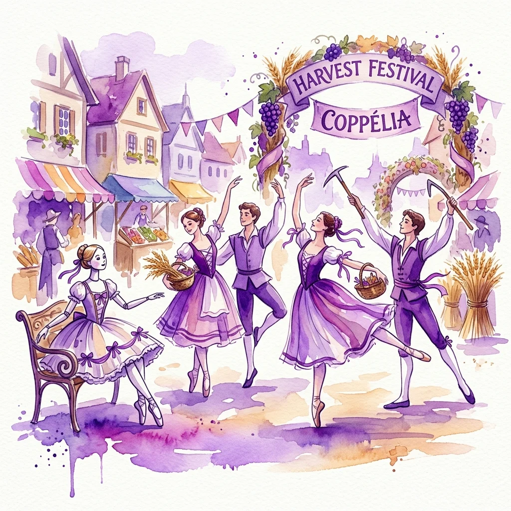 Ilustración de una escena del festival de la cosecha del ballet Coppélia, con bailarines con trajes morados y una muñeca de tamaño real, con una pancarta que dice 'Festival de la Cosecha Coppélia' y edificios del pueblo al fondo.