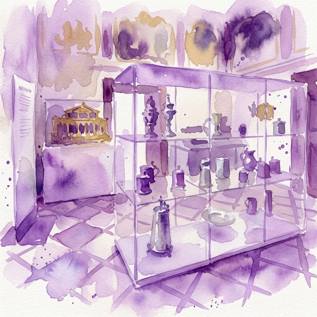 Waterverfillustratie van een museumexpositie met glazen vitrines met historische handwerkgereedschappen en artefacten, die het thema van traditionele gilden en vakmanschap oproepen.