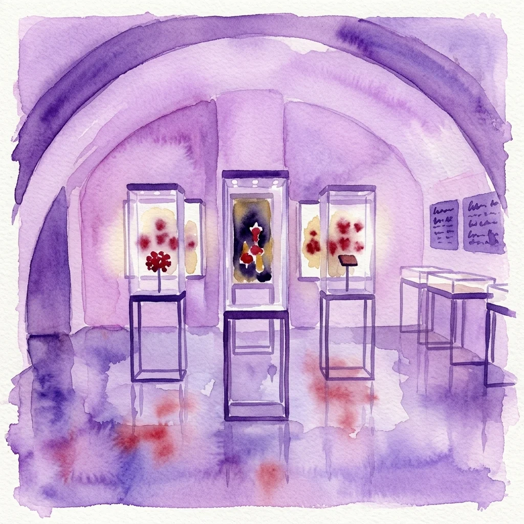 Waterverfillustratie van het interieur van het Tsjechisch Granaat Museum, met vitrines met rode granaatjuwelen onder zachte verlichting, tegen een paars getinte gewelfde galerijruimte.