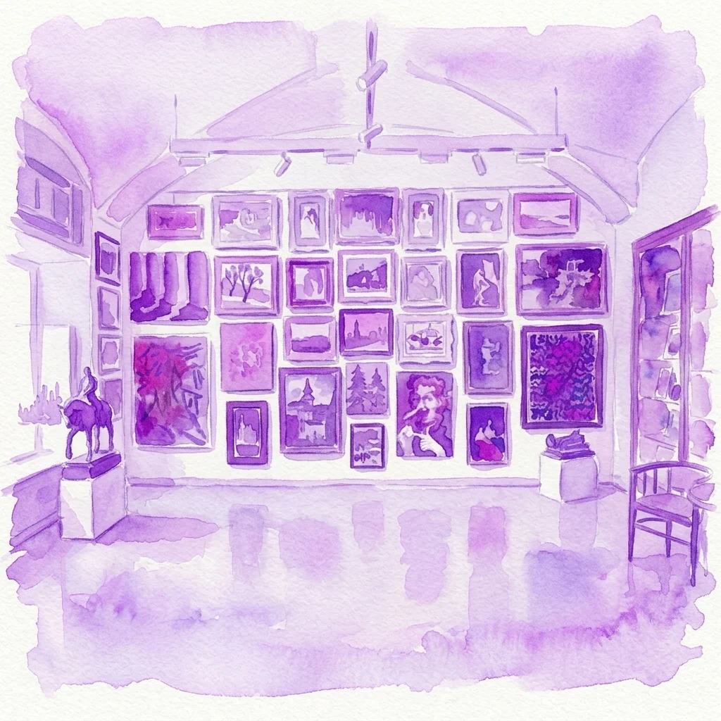 Ilustracja akwarelowa wnętrza galerii przedstawiająca ścianę oprawionych czeskich obrazów z XIX i XX wieku, z rzeźbą na postumencie i krzesłem, wykonana w odcieniach fioletu.