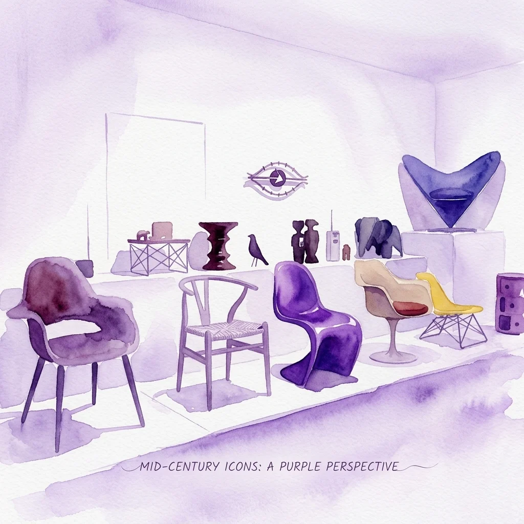 Waterverfillustratie van mid-century modern meubelstukken, waaronder iconische stoelen en tafels, tentoongesteld in een minimalistische galerie-setting met een paars kleurenschema.