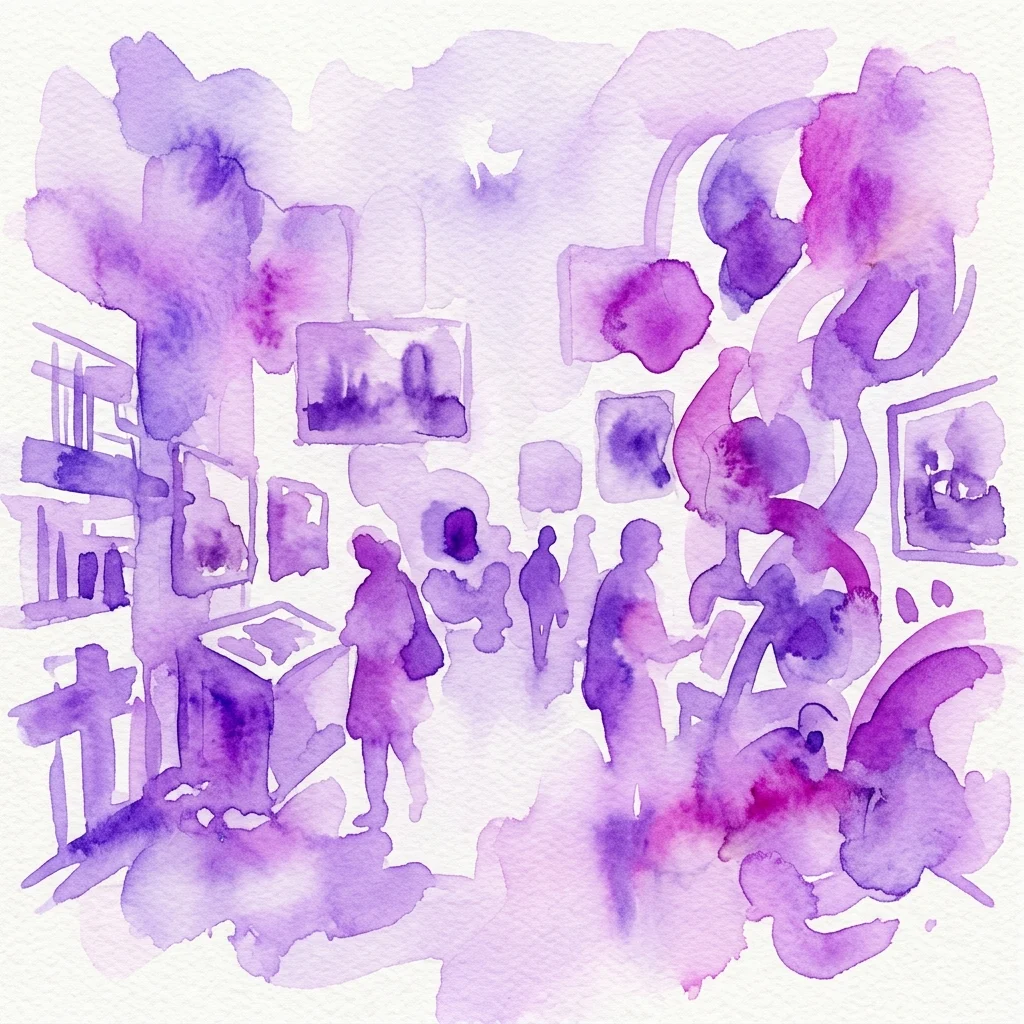 Watercolor illustration of an exhibition space with silhouetted visitors viewing framed artworks on the walls, rendered in purple and magenta hues.