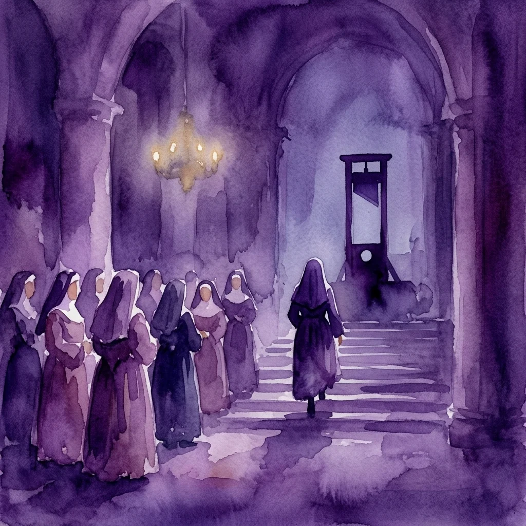 Una ilustración en acuarela de monjas en un corredor de convento tenuemente iluminado, con una monja caminando hacia una guillotina al fondo, simbolizando el trágico destino de las carmelitas en la ópera de Francis Poulenc.