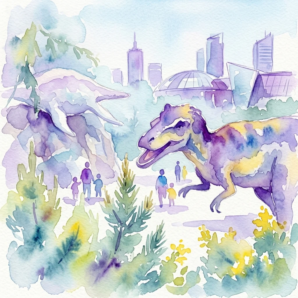 Ilustración en acuarela de un parque de dinosaurios en una azotea con modelos de dinosaurios a tamaño real, familias explorando y el horizonte de la ciudad al fondo, representando DinoPark Harfa Praha.