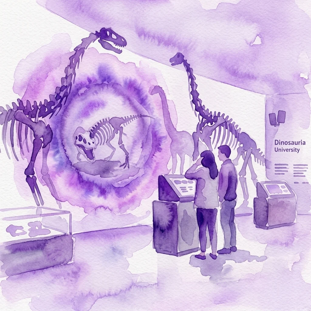 Waterverfillustratie van bezoekers die dinosauruskeletten en -modellen verkennen in het Dinosauria Museum Praag, met interactieve displays en een paars getinte achtergrond.