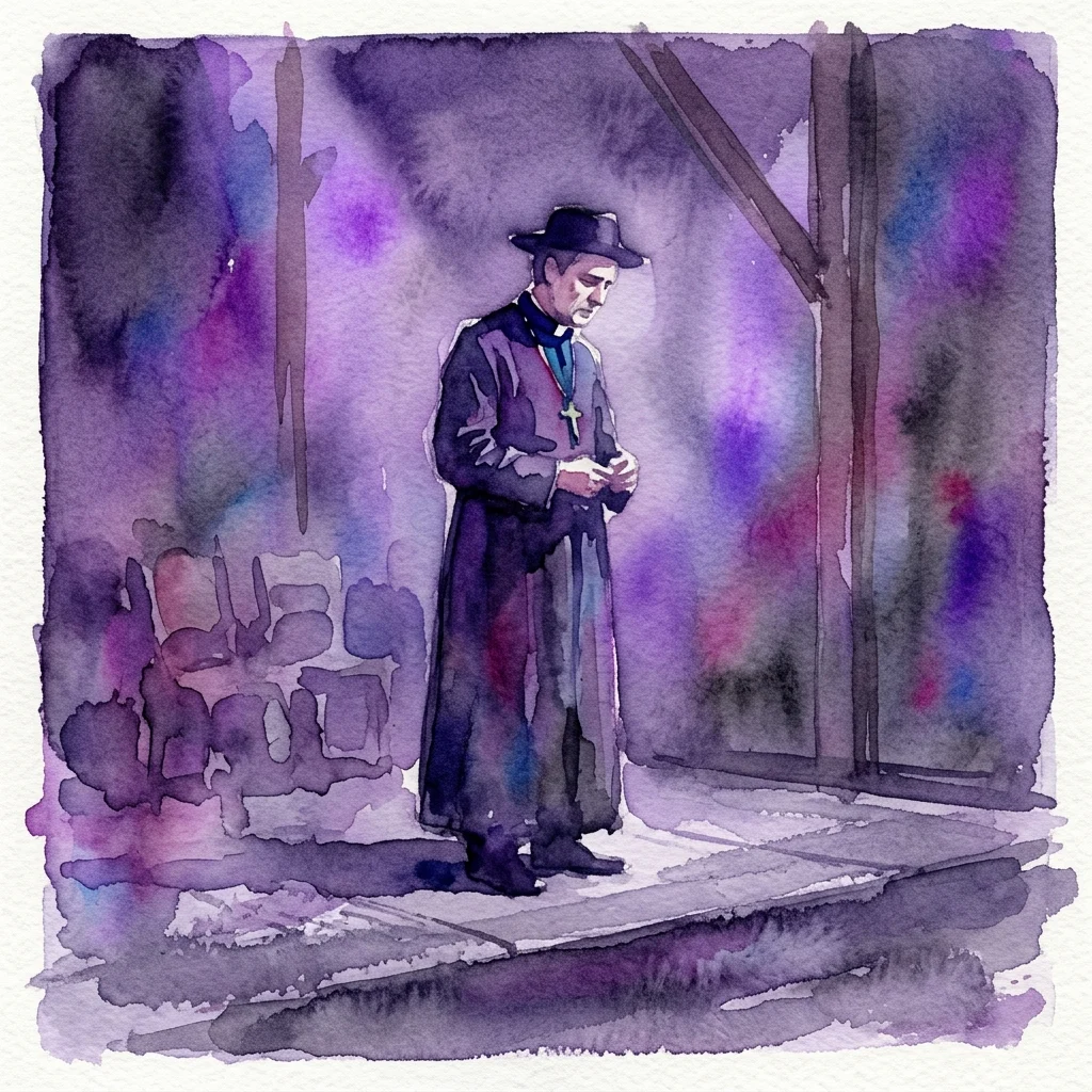 A watercolor illustration of a priest in clerical attire standing contemplatively on a stage, with a dramatic purple and blue background, representing the theatrical production 'End of a Priest'.