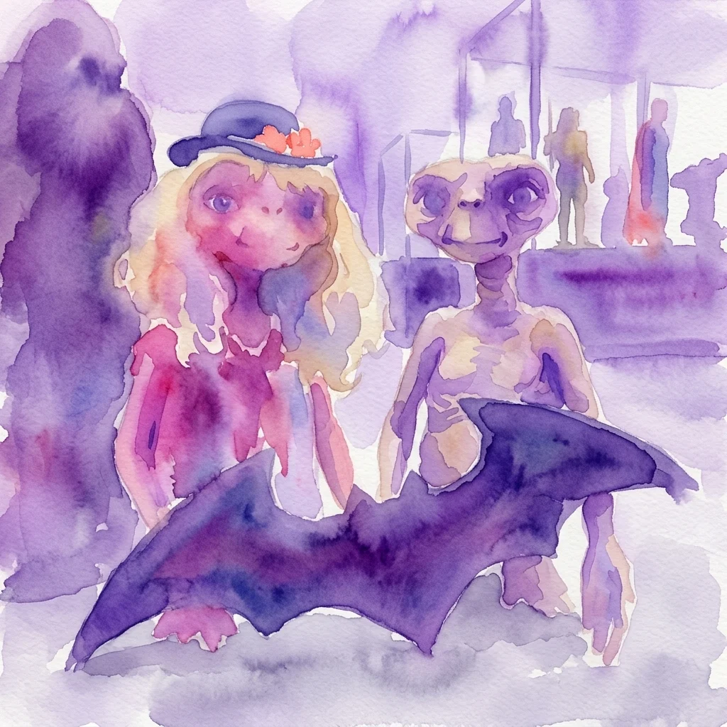 Ilustracja akwarelowa E.T. z kosmosu i dziewczynki w kapeluszu, reprezentująca postacie popkultury z Muzeum Legend Filmowych w Pradze.
