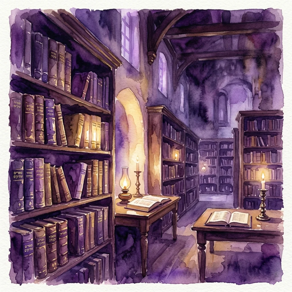 Watercolor illustration of a historic library interior featuring shelves of antique Hebrew books, open volumes on wooden tables, and warm candlelight.
