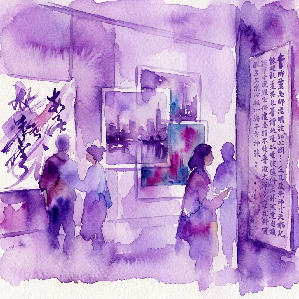 Ilustracja akwarelowa przedstawiająca zwiedzających oglądających wystawę sztuki z wyrazistą kaligrafią i japońskim tekstem, w purpurowej atmosferze.