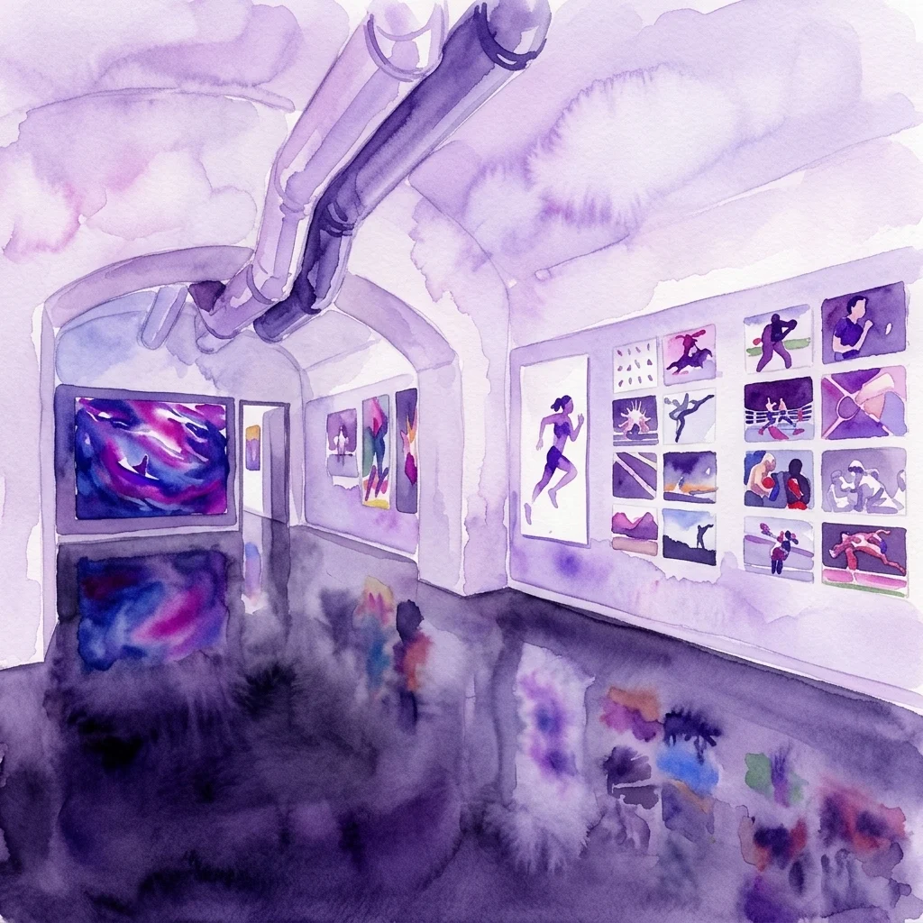 Waterverfillustratie van een galerij interieur met sportfotografie tentoonstellingen met levendige actiefoto's van atleten die worden tentoongesteld onder zacht licht.