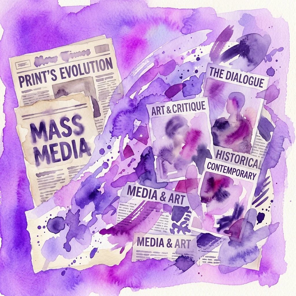 Żywy fioletowy kolaż akwarelowy z podartymi wycinkami gazet i fragmentami czasopism z tekstami takimi jak 'EWOLUCJA DRUKU', 'MASS MEDIA', 'SZTUKA I KRYTYKA' i 'MEDIA I SZTUKA', reprezentujący przecięcie się mediów i sztuki współczesnej.