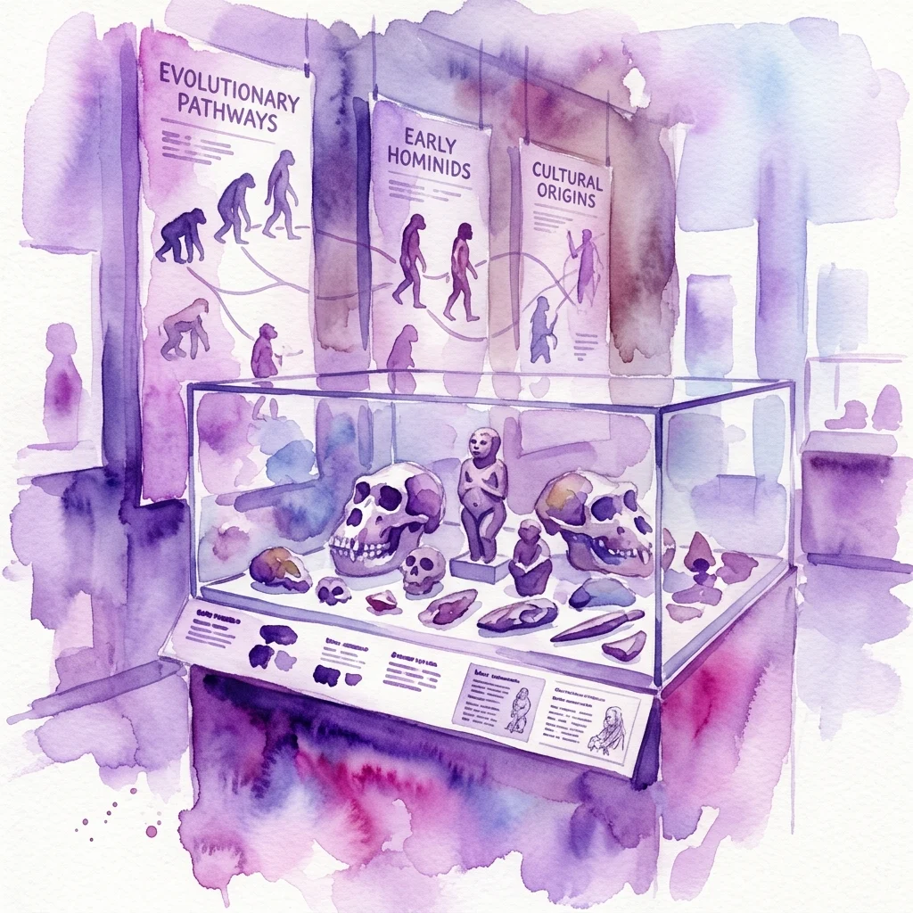 Ilustracja akwarelowa gabloty muzealnej prezentującej artefakty dotyczące ewolucji człowieka, w tym czaszki i modele, wraz z panelami edukacyjnymi na temat ścieżek ewolucyjnych, wczesnych hominidów i pochodzenia kultury.