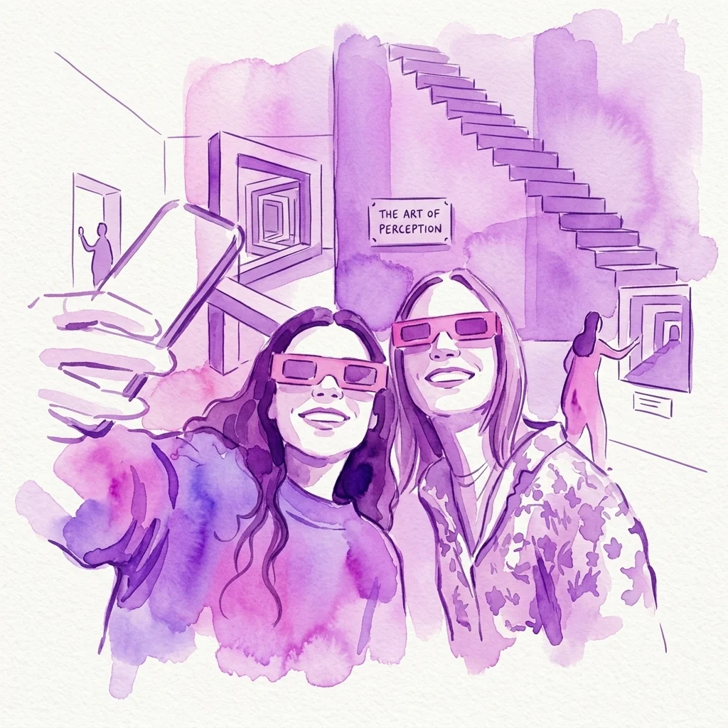 Dwoje odwiedzających w okularach 3D robi sobie selfie przed instalacją artystyczną iluzji optycznej w IAM Illusion Art Museum Prague, z tabliczką z napisem 'THE ART OF PERCEPTION' i iluzjonistycznymi schodami w tle.